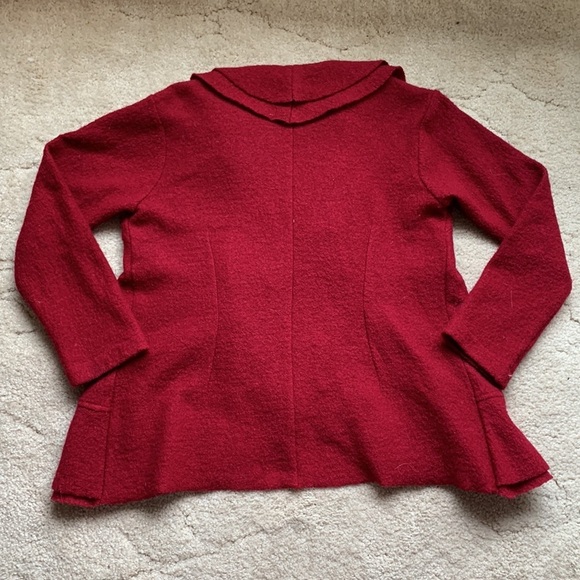 Red Wool Ruffle Open Front Unlined Coat, Size Large - Picture 2 of 6